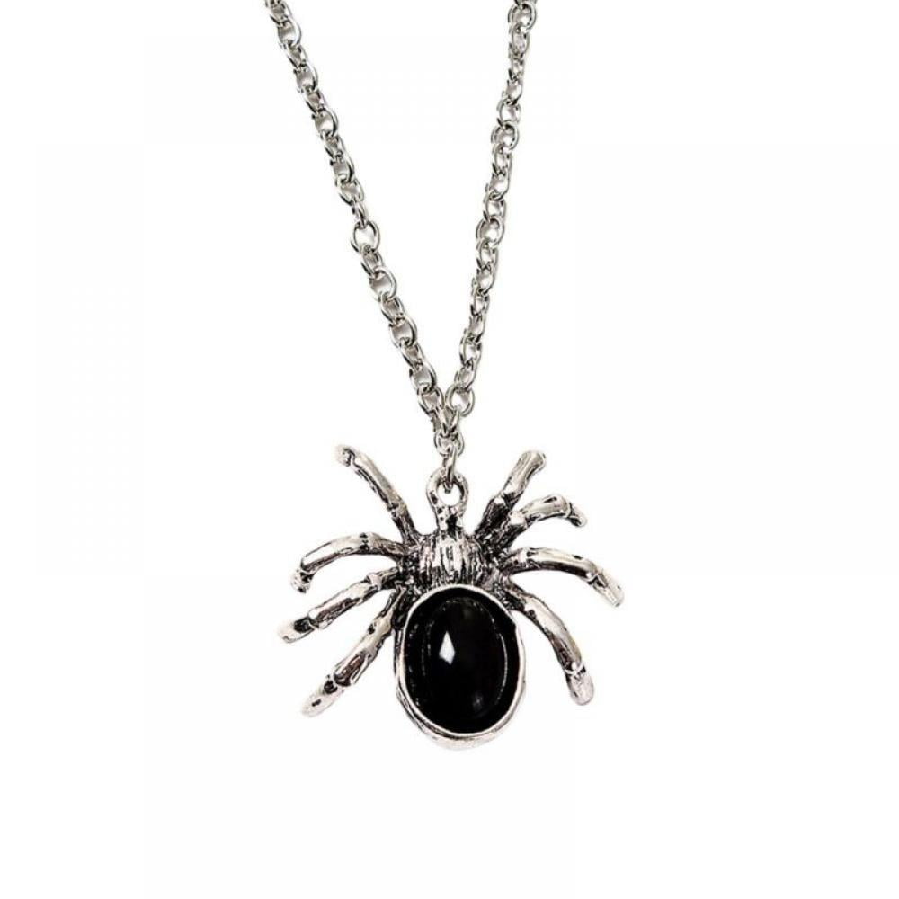goth Halloween punk Gold spider on black stone pendant necklace 