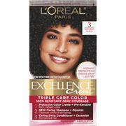 L'Oreal Paris Excellence Creme Permanent Hair Color, 3 Natural Black, Triple Protection, 1 Kit