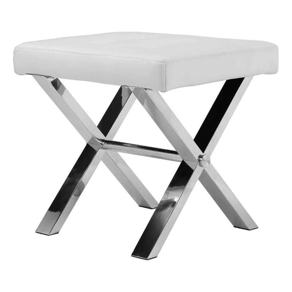 Tia 18 Inch Accent Stool Ottoman, White Faux Leather Top, Chrome Steel Legs