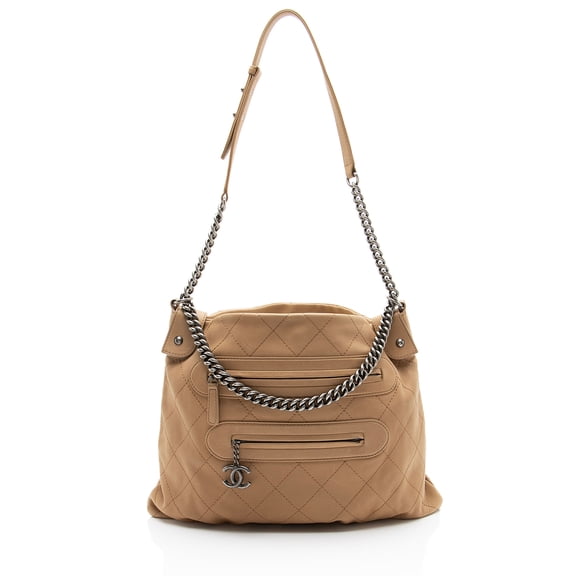 Pre-Owned Chanel Calfskin Stitched Double Zip Hobo