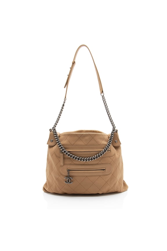 Pre-Owned Chanel Calfskin Stitched Double Zip Hobo