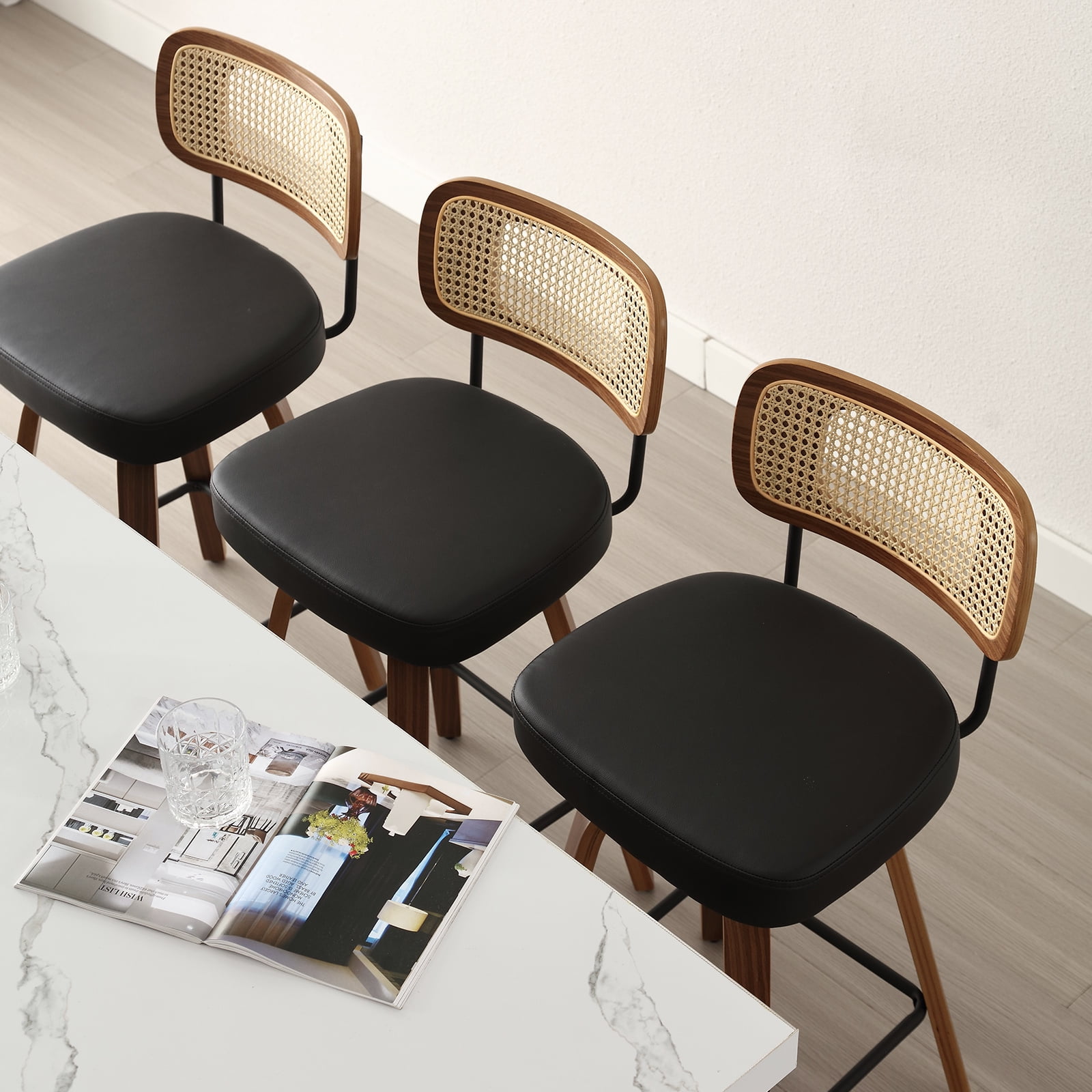 Foreate Swivel PU Bar Stools, Set of 1, 29" Bar Height Upholstered Leather with Rattan Back Wood Legs, Modern Chair Island Counter Stool for Kitchen, Black
