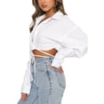 thumbnail image 2 of Liacowi Women Long Sleeve Tie Up Cropped Top Button Down Bandage Blouse Solid Color Office Basic Work Shirt Plus Size S-2XL, 2 of 5