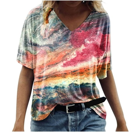 

Summer Tops for Women Casual Vintage Tie Dye Short Sleeve T-Shirt Oversize Loose Fit Comfy V Neck Tees