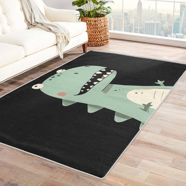 Dinosaur Rugs for Boys Bedroom - 2x3 Rug - Dinosaur Rug - Cute Cartoon Green Dino Area Rug - Kids Boys Animal Rugs - Black Carpet