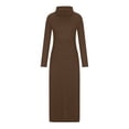 thumbnail image 4 of KIHOUT Robe Maxi Femme Couleur Unie Col Haut Manches Longues Patchwork Poches Grand Ourlet Longue Jupe, 4 of 5