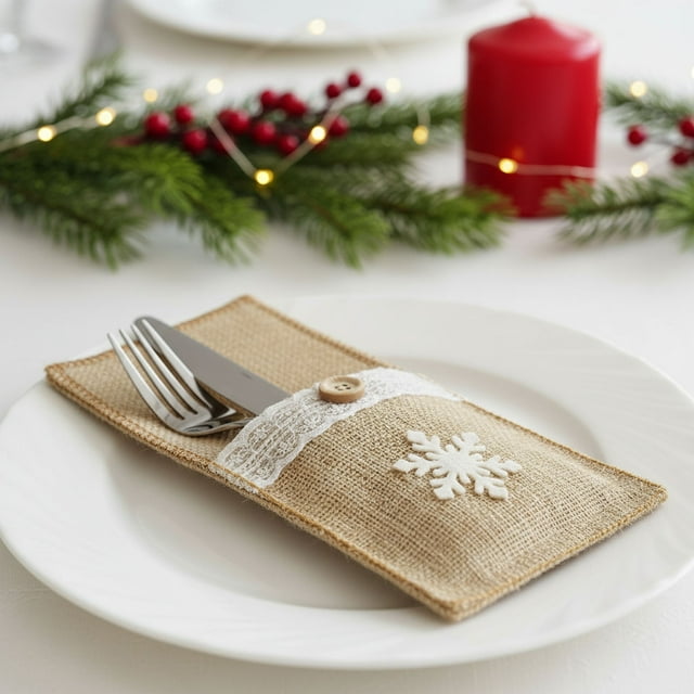 xihome Bolsa de lino para guardar cubiertos navideños con estampado de copos de nieve a cuadros, ideal para la mesa navideña y la decoracin festiva.