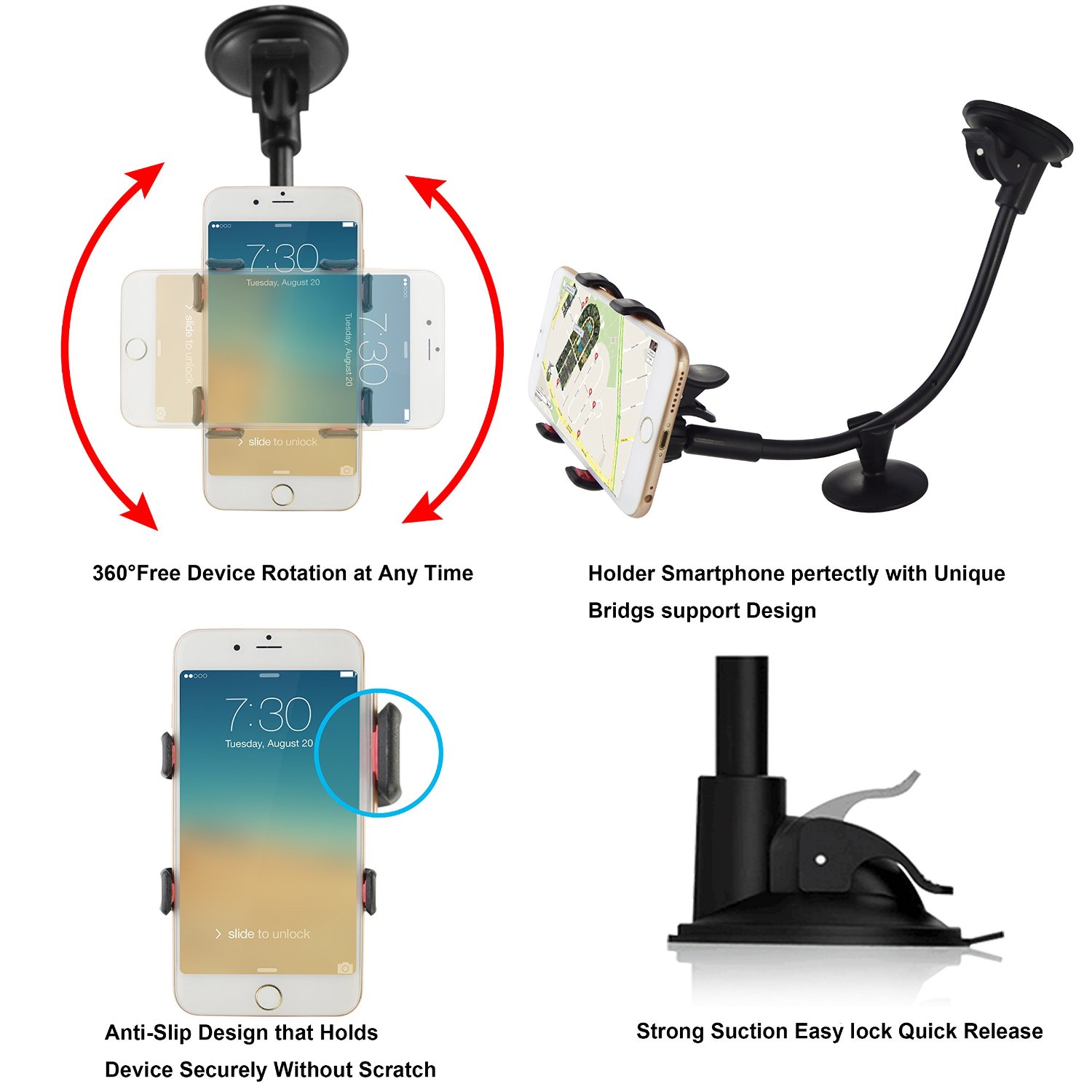 IPOW Windshield Phone Holder Cell Phone Car Holder with Mount Long Arm Adjustable Clamp Strong Suction Cup for iPhone XR XS 8 7 6 6s Plus, Samsung Galaxy S9 S8, LG, Note & GPS - image 2 of 7