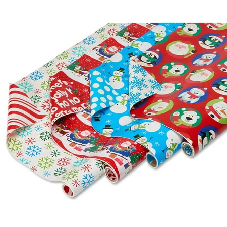 American Greetings Christmas Reversible Wrapping Paper, Santa, Snowflakes, Snowmen and Characters, 4-Roll, 30