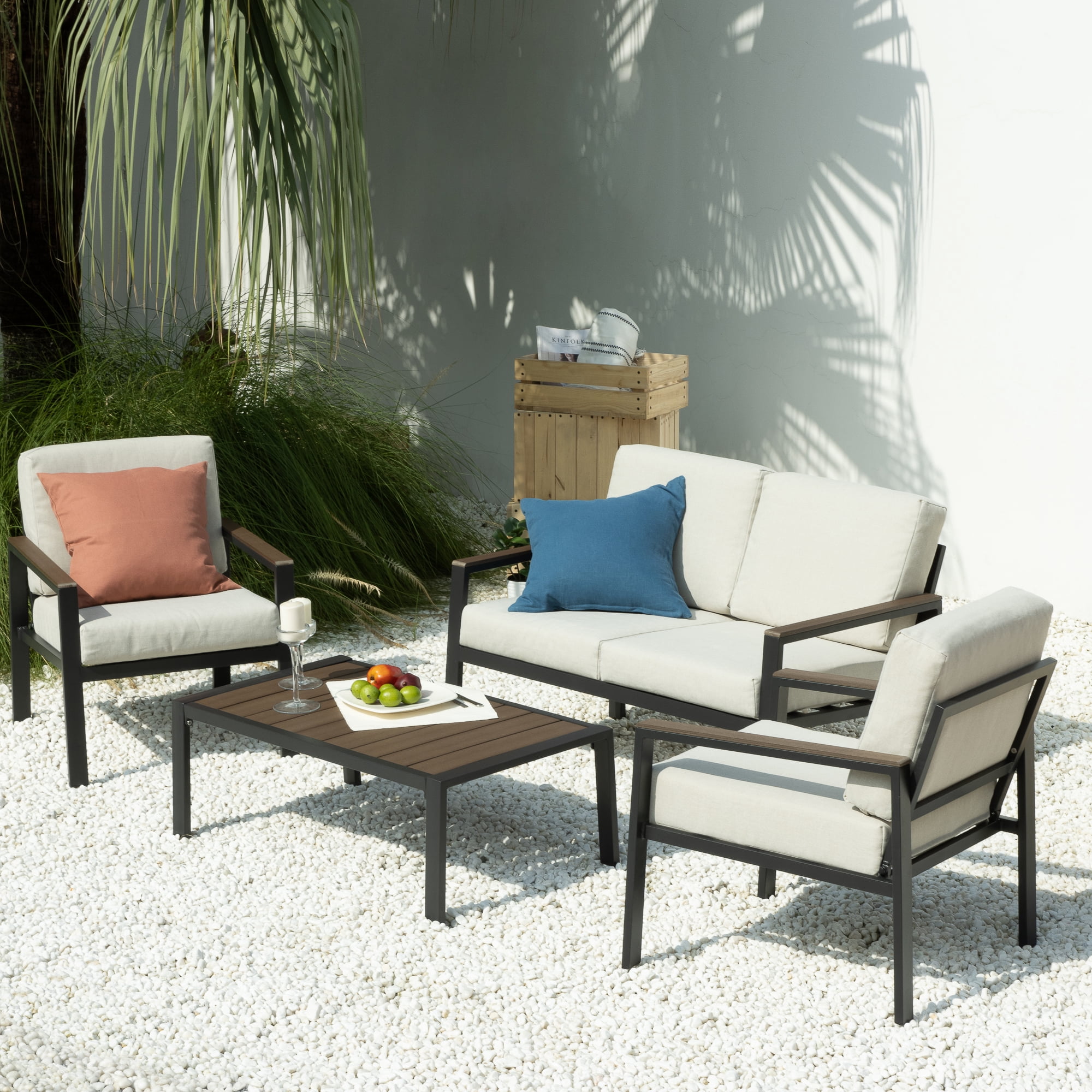 Zinus Dillon 4 Piece Aluminum and Poly Lumber Outdoor Conversation Set, Black