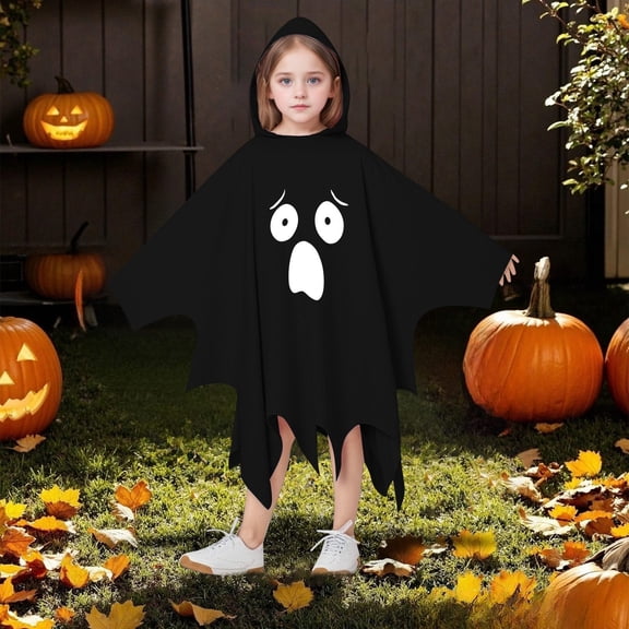 Gunia Kids Ghost Poncho Cape Cloak Cosplay Halloween Costume Role Play Dress-Up Outfits For Boy Girl Stage Performance Holiday Party Wear,Black