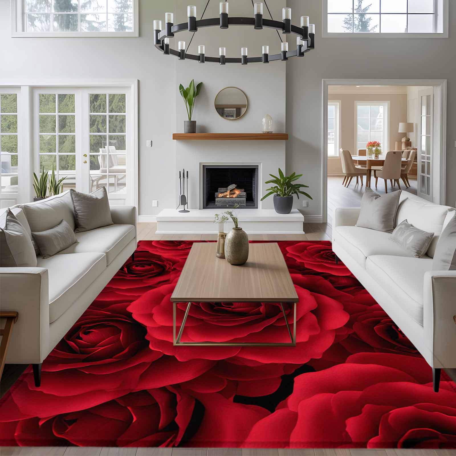 Red Roses Area Rugs 5'x7', Washable Small Throw Rugs for Laundry Room Playroom, Valentine's Day Flowers Floral Vintage Indoor Outdoor Rug Non-Slip Low Pile Carpet Runner Reversible Floor Mats