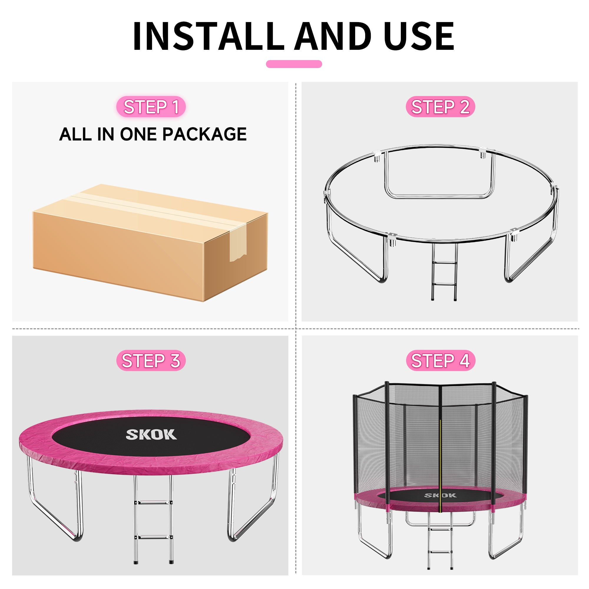 SKOK 8FT Pink Trampoline with 400LBS Capacity, Ladder, Waterproof, Heavy Duty for Outdoor & Indoor