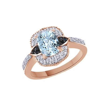 Simulated Aquamarine & Blue Beryl CZ & White Cubic Zirconia Halo Ring In 14k Rose Gold Over Sterling Silver (1.44 Cttw) By Jewel Zone US