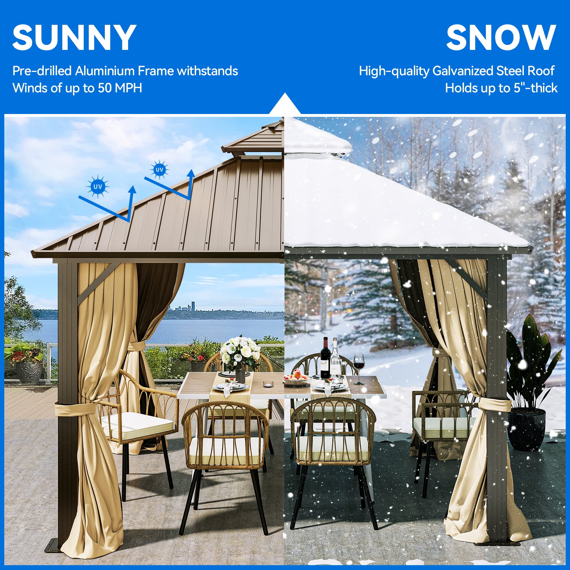 Dextrus 10x10ft Hardtop Gazebo with Nettings and Curtains, Heavy Duty Double Roof Galvanized Steel Outdoor Combined of Horizontal Vertical Stripes Roof for Patio, Backyard, Deck, Lawn (Bronze)