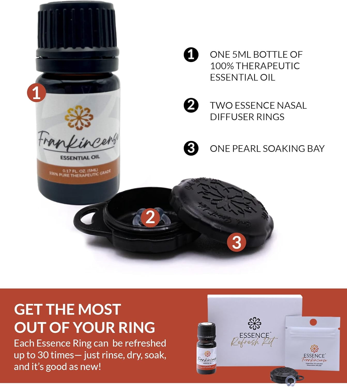 Essence Refresh Kit – Frankincense Essential Oil – Black Wearable Aromatherapy Pod