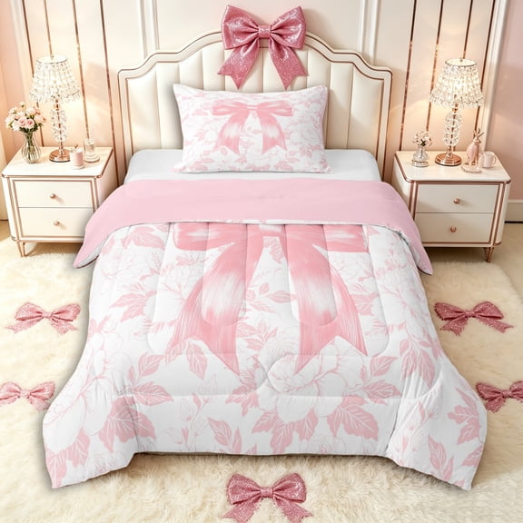 Manfei Girls Chic Floral Bow Twin Comforter Sets 3-Piece,Kids Teens Spring Garden Flowers Bedding Set,Pink Reversible,Microfiber Bedroom Decor