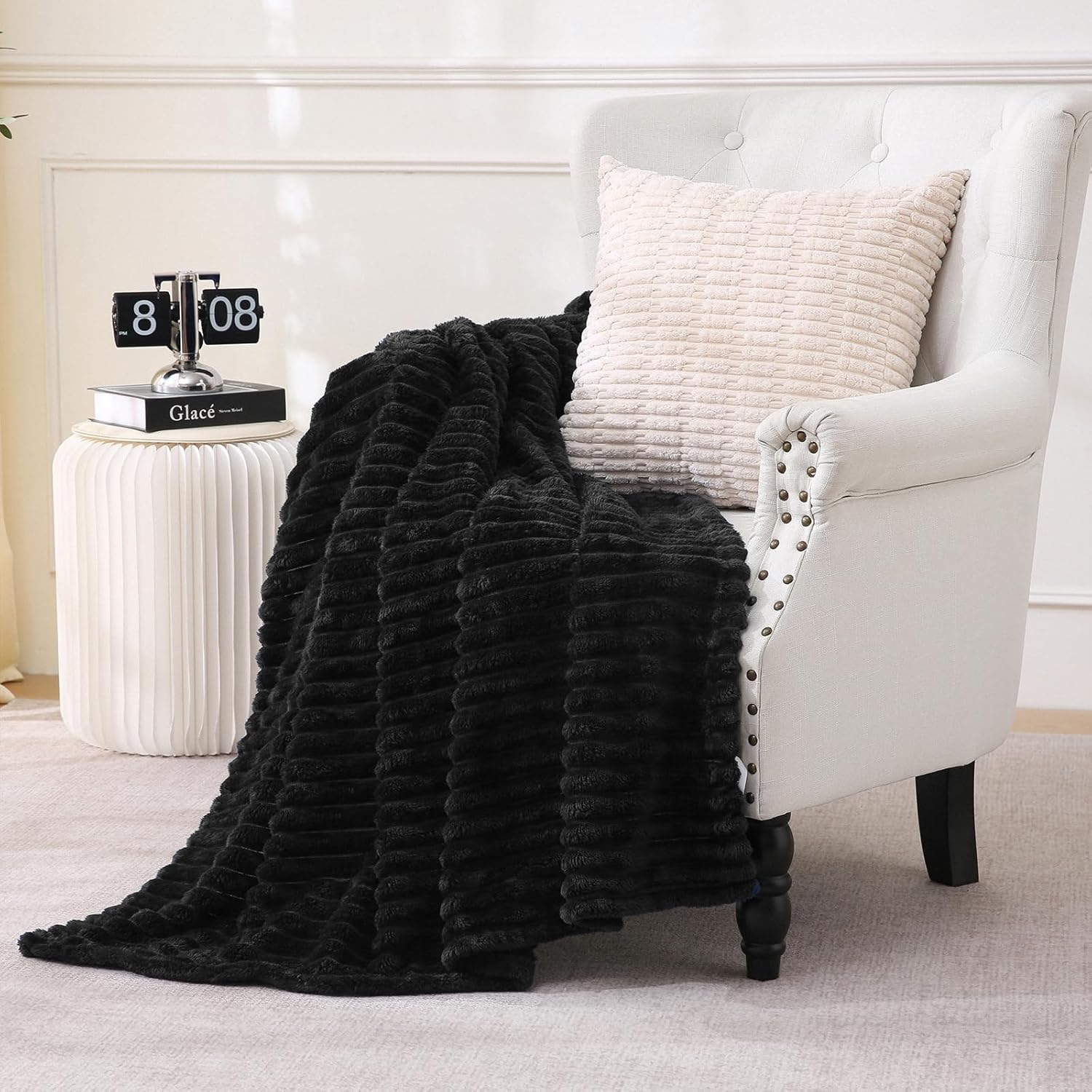 Sage Green Fleece Throw Blanket 50”×60” for Couch Sofa Bed,Super Soft Cozy Plush Microfiber Flannel Blanket with Stripes Design Lightweight for Adults,Woman,Girls