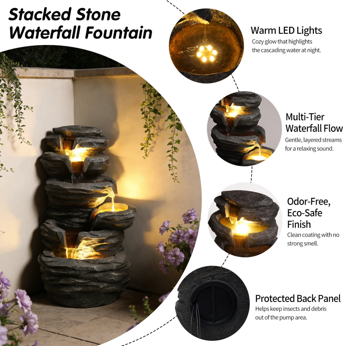 25.6" 4-Tier Stacked Rock Water Fountain with Warm LED Lights, Cascading Waterfall Fountain, Weather-Resistant Outdoor Decor for Patio, Garden & Backyard