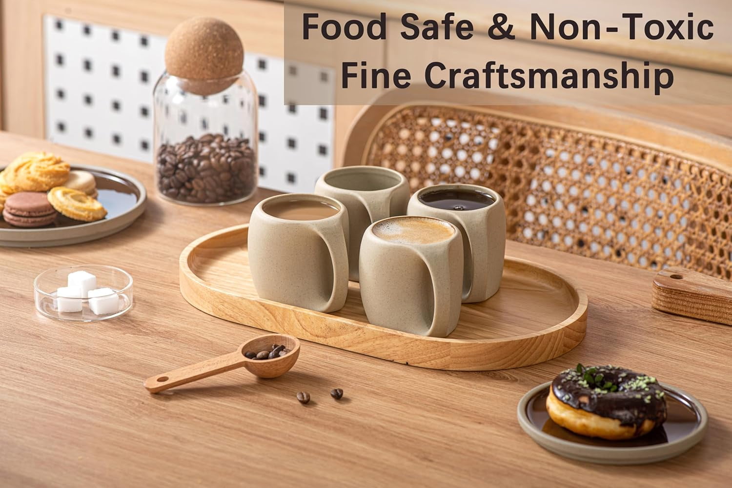 Ceramic Cappuccino Cups with Handles, Set of 4, 6 oz Clay Espresso Mugs for Double Shots, Small Coffee Cups for Latte, Cafe, Mocha, and Tea (Natural Beige)