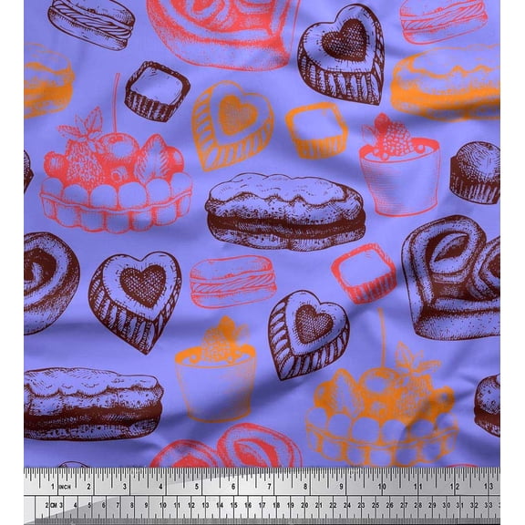 Soimoi Poly Georgette Fabric Burger & Fruit Cake Food Print Fabric by Yard 52 Inch Wide