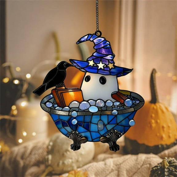 Halloween Ghost Reading Book Suncatcher, Reading Ghost in Bathtub Acrylic Sun Catcher, Acrylic Ghost Reading Ornament, Ghost Reading Book Window Hanging, Halloween Spooky Decor A/10cm