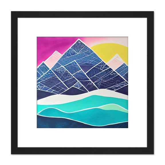 Mountain Peaks Landscape Winter Sunrise Stylised Boho Illustration Square Wooden Framed Wall Art Print Picture 8X8 Inch