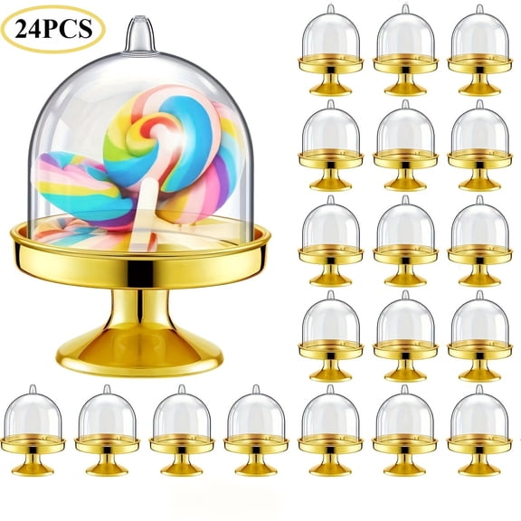 24 Pcs Mini Cake Stand With Dome, Gold Mini Cupcake Stand & Dessert Dome, Plastic Single Cupcake Stand Ideal for Wedding, Birthday & Baby Shower Party Supplies