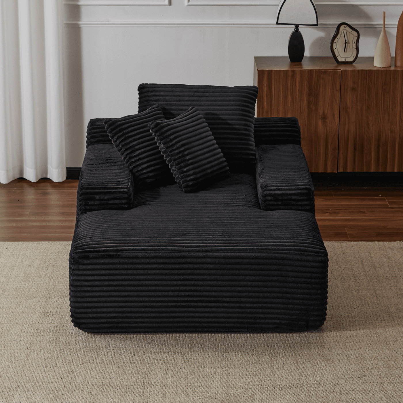 Oversized Chaise Lounge Chair Indoor, Corduroy Upholstered Sleeper Sofa Daybed with 3 Throw Pillows and Wide Armrest for Living Room, No Assembly Required,Black