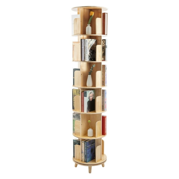 6-Tier 360°Rotating Bookshelf Display, Floor Standing Tall Bookcase Organizer Rack Wood Shelving Unit for Office Living Room for Kids & Adults Gift