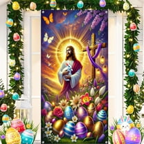 Yyuenw Easter Backdrop Banner, Easter Photo Decorations Background, Easter Rabbit Colorful Eggs Fence Grass Wall Decor Photography Background