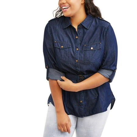 Women's Plus Denim Button Down Shirt - Walmart.com