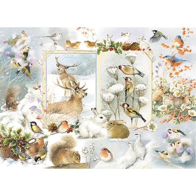 Cobble Hill Casse-Tête de 1000 Pcs - Nature Journal : Hiver avec un collage d'Oeuvres de Marjolein Bastin. le design Met en Valeur un Champ Enneigé avec des Animaux Sauvages, Incluant des Oiseaux, des Cerfs, des Lapins et des Écureuils, Entouré de Feuillage Hivernal. Comprend des Pièces Coupe Aléatoire pour un Défi unique et Est Fabriqué à Partir de Carton 100 % Recyclé avec une Encre à Base de Légumes. Fabriqué en Amérique du Nord.