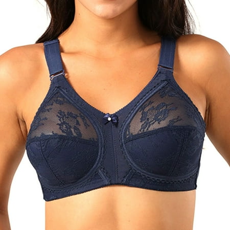 

YIWEI Ladies Plus Size Firm Support Non Wired Lace Non Padded Full Cup Bra Minimiser Blue 90D/40D