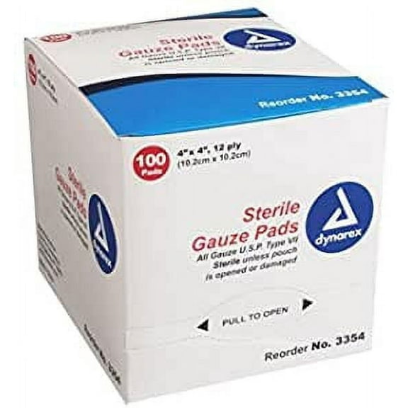 Dynarex Sterile Gauze Pads 4" X 4" 12-Ply Single Wound Care #3354 100 Bandages