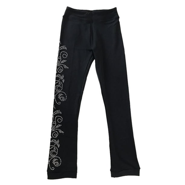 Pantalones de compresión de patinaje de vellón para niñas Leggings negros para mujer con cristales Flor 130