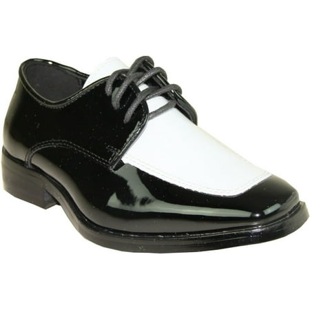

VANGELO Men s Tuxedo Shoes TUX-3 Fashion Square Toe with Wrinkle Free Material Black & White Patent 15M