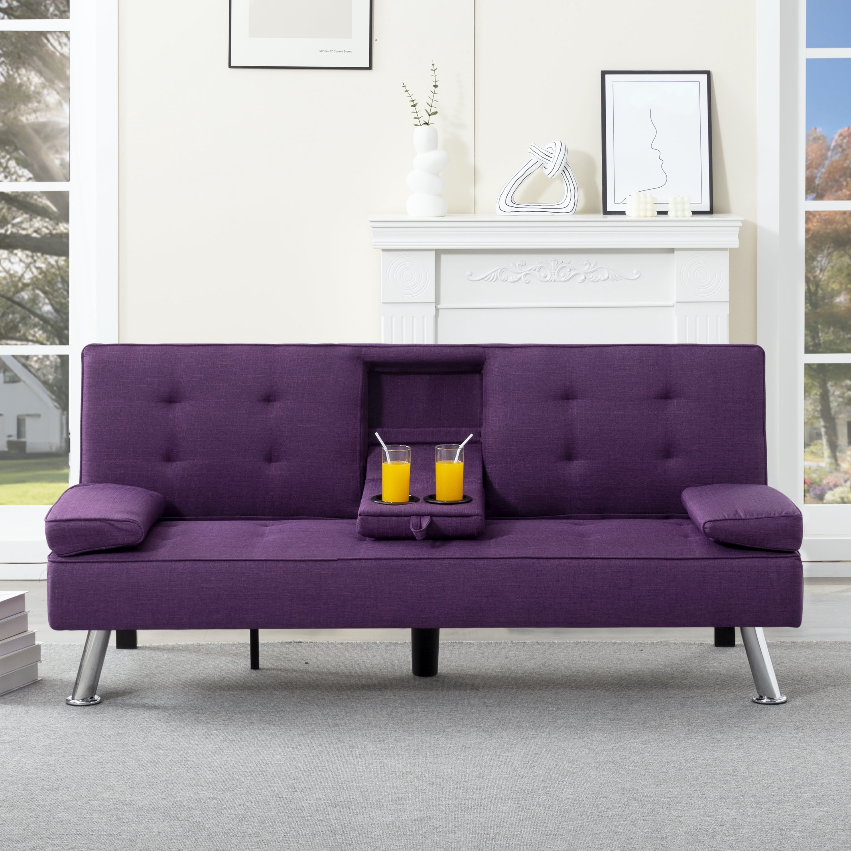 Gewnee 65.35" 3‑in‑1 Convertible Futon Sleeper Sofa,Sofa Bed with Cup Holders & Storage Bag ,Polyester Foldable Sleeper Couch with Adjustable Backrest for Small Apartments & Office，Purple