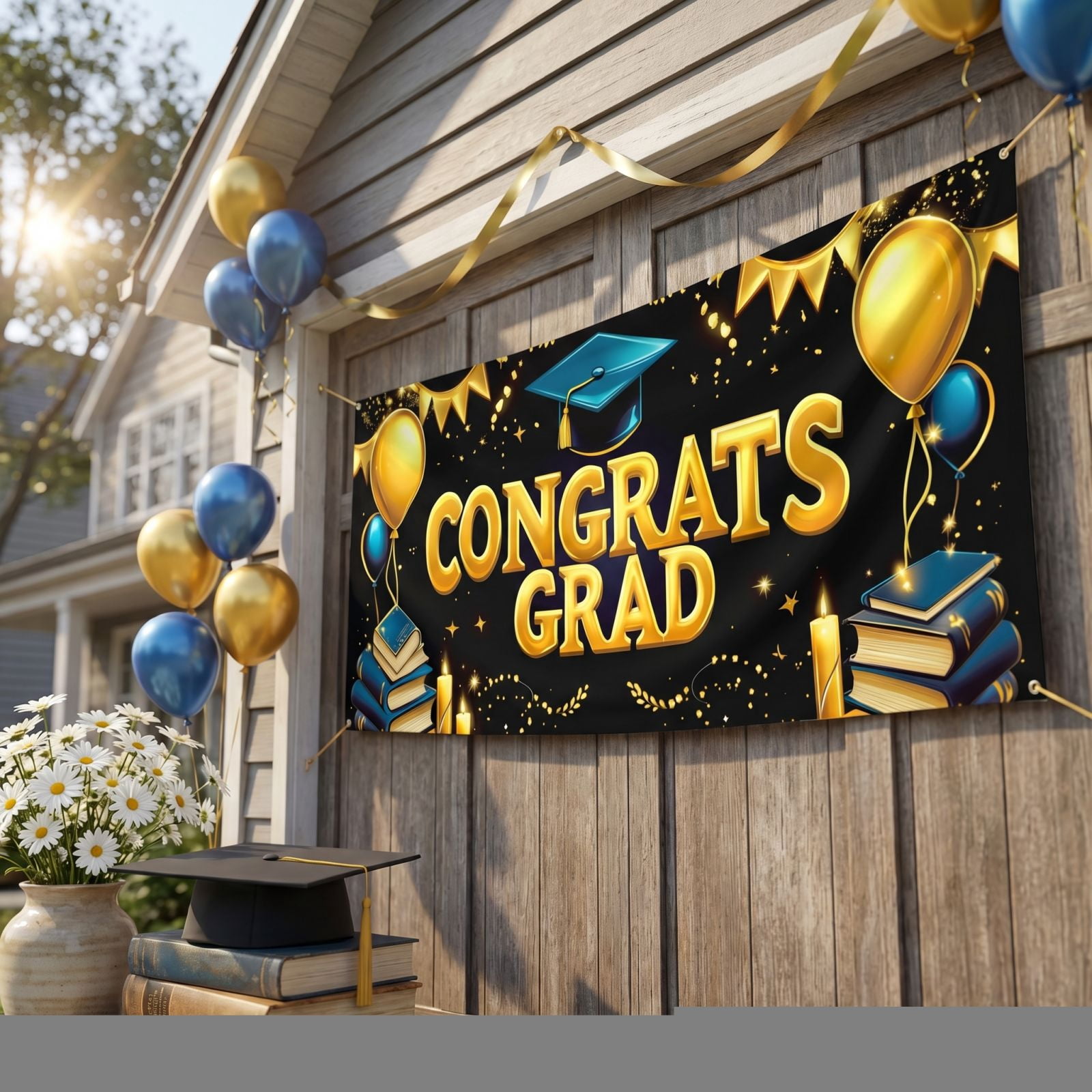 Haiamaoyi Graduation Banner Congrats Grad Large Fabric Backdrop with Balloon Print Graduation Cap and Book Pattern for Party Decorations