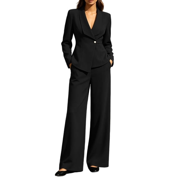 Ohufall Womens Set Turndown Collar Button Long Sleeve Coat with Solid Straight Leg Pant Two Pieces Sets