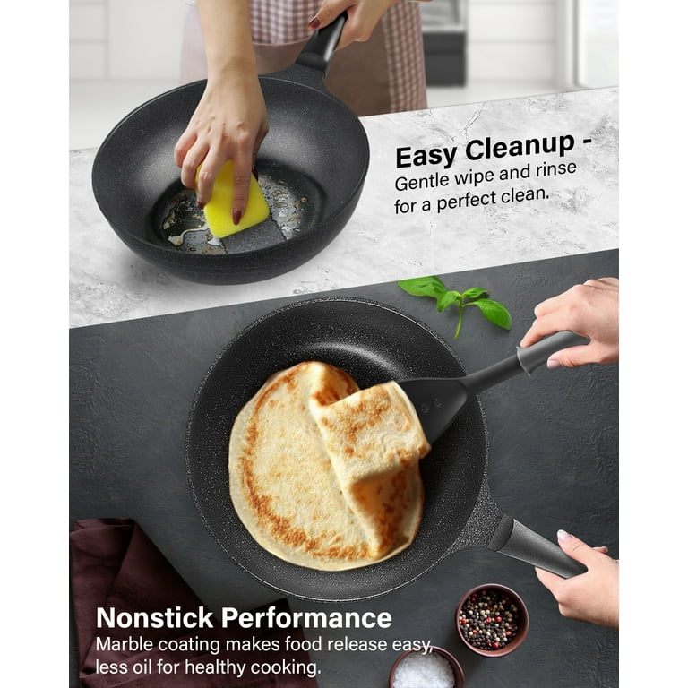 Cook N Home Marble Nonstick Cookware Saute, 10.5 inch Fry Pan with Lid, Black