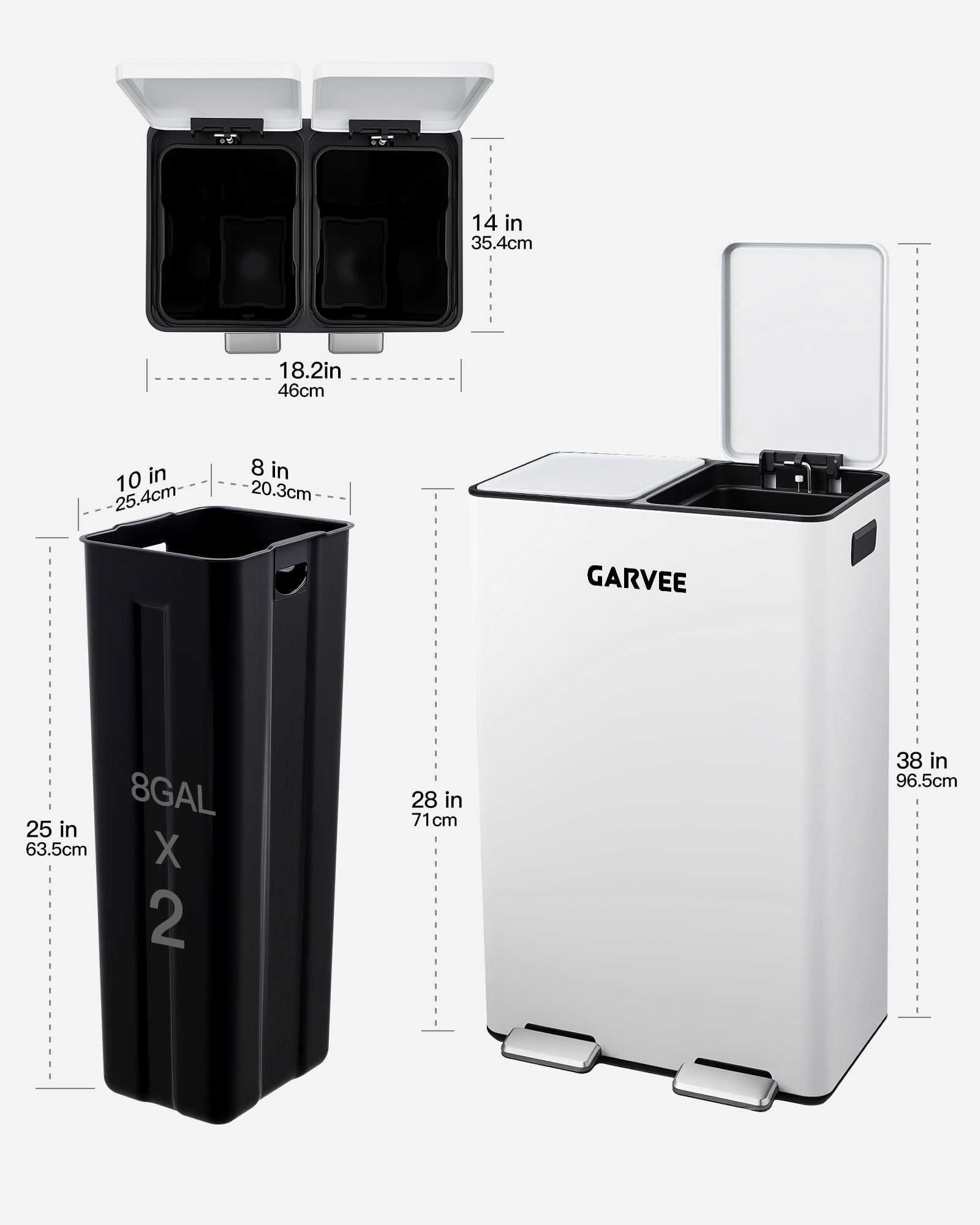 Dual Trash Can 16 Gallon 60L Stainless Steel Garbage and Recycling Can with Foot Pedal for Kitchen, Living Room, Office, Removable Inner Buckets Soft Close Lid Odor Proof, Garbage sorting