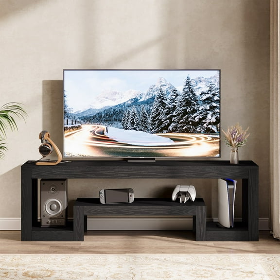 Finmind 63 Inch TV Stand for 55/60/65 Inch TVs, 63 Inch Farmhouse Entertainment Center with Open Storage Shelves, Television Console Table for Living Room, Bedroom, Black