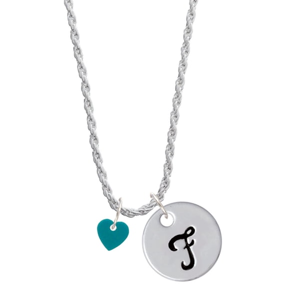 Delight Jewelry Acrylic 5/16" Teal Heart Silvertone Script Initial Disc - F - Charm Necklace, 20"+3"