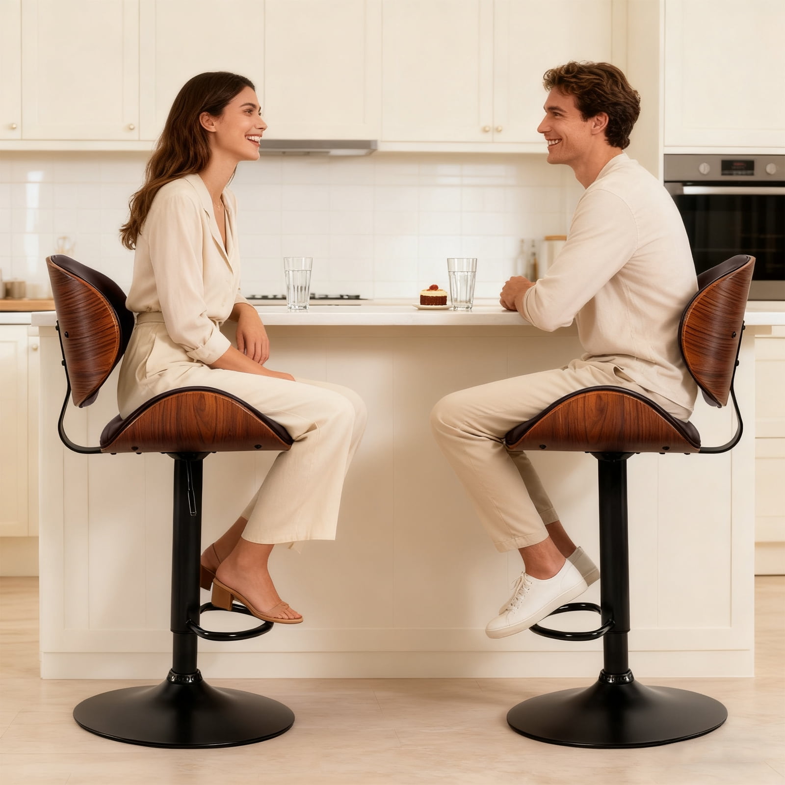 EDX Bar Stools Set of 2 for Kitchen Counter, Adjustable Bentwood Barstools, Modern PU Leather Upholstered Bar Chair with Back and Footrest, for Bar, Kitchen, Dining Room, Brown
