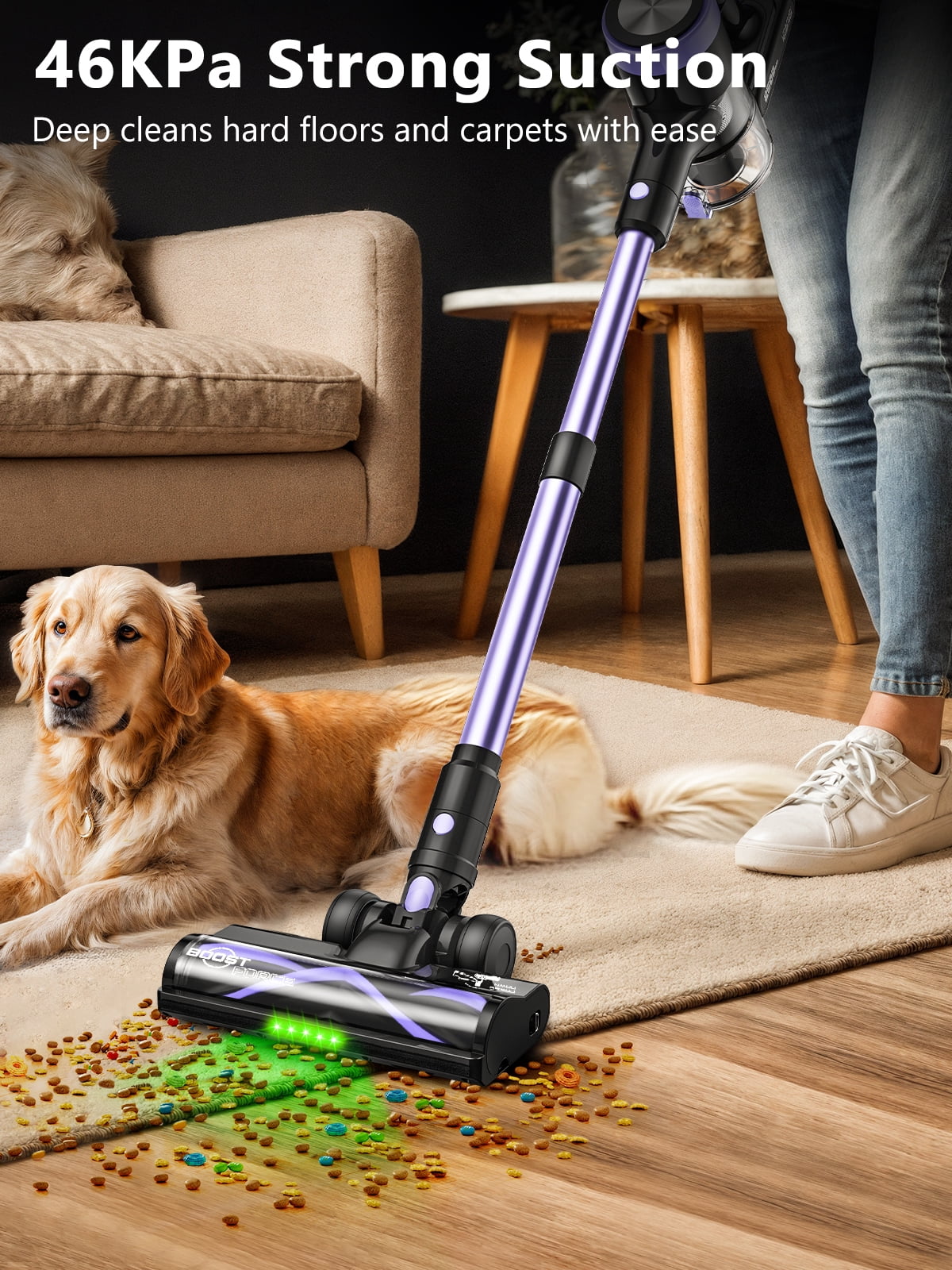 H28 Cordless Stick Vacuum Cleaner, 500W Brushless Motor, Self-Standing, Wall Charging, 55 Min Runtime, Lightweight for Hard Floors & Carpets, Purple