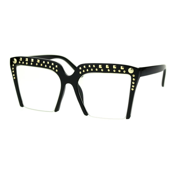 Womens Gold Metal Stud Crop Bottom Oversize Cat Eye Eyeglasses Black