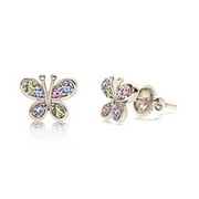 Children's Earrings - Premium 8MM Crystal Butterfly Screwback Kids Baby Girl Earrings With Swarovski Elements By Chanteur ??? 925 Sterling Silver With White Gold Tone Perfect Gift For Children