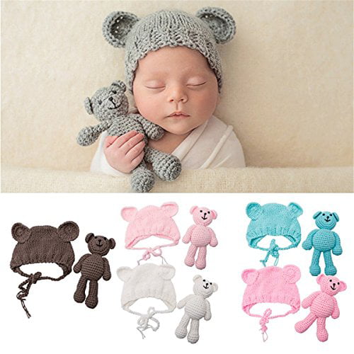 ECYC Newborn Baby Bear Hat Beanie with Bear Dolls Photography Accessories,Brown 