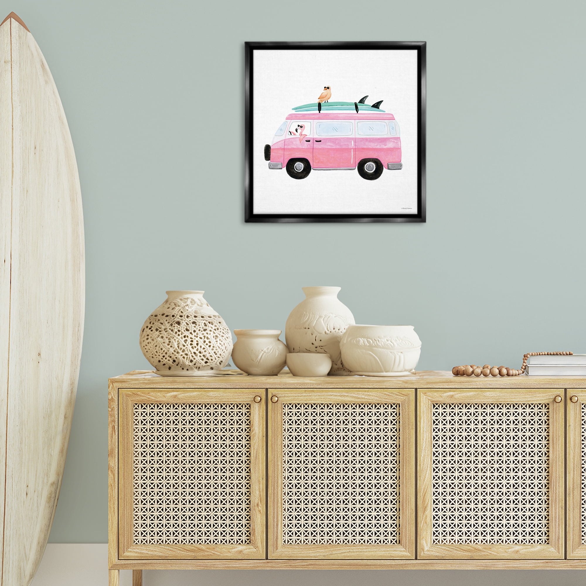 Stupell Industries Summer Birds & Van Transportation Painting Black Floater Framed Canvas Art Print Wall Art, 25 x 25